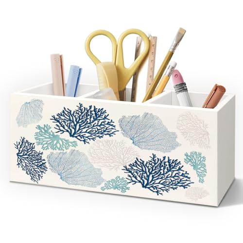 Blue Coastal Wooden Pen Pencil Holder for Desk Accessories, Beach Lover Gifts, Beach Office Decor, Ocean Coastal Coral Wood Makeup Brush Toothbrush Holder Organizer for Vanity Bathroom
