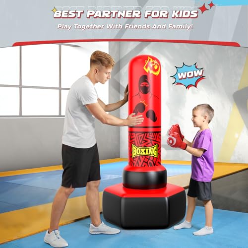 ODOSOLA 67'' Inflatable Punching Bag Freestanding for Kids Aged 3-12 – Heavy Duty Boxing Set for Karate & Taekwondo, Stable Boxing Bag Active Kids Toy, Christmas Birthday Gift for Boys and Girls - color: 레드