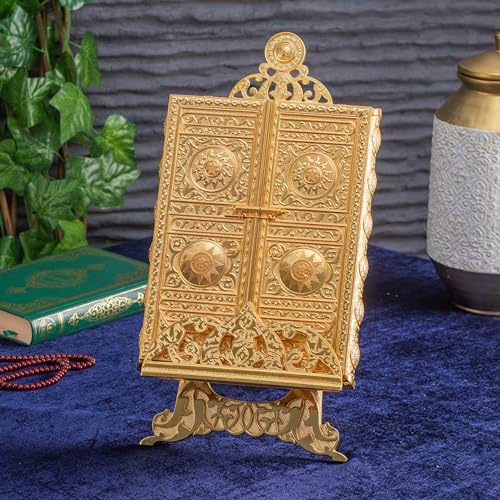 VHD Luxury Metal Islamic Book, Quran Storage Box | Islamic Wedding, Birthday Gift | Islamic Decoration Muslim Home Gift | Graduation Gift (17x25cm Books) (Gold, With Kaaba Quran) - color: Gold, style: With Kaaba Quran