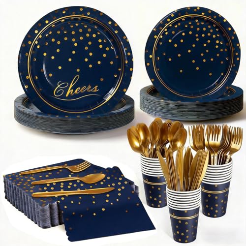 Blue Paper Plates and Napkins Party Supplies for 24 Guests, 168 Pcs Graduation Navy Blue Disposable Plates with Utensils Set for Blue and Gold Graduation Retirement Birthday Party Decorations - color: Navy Blue