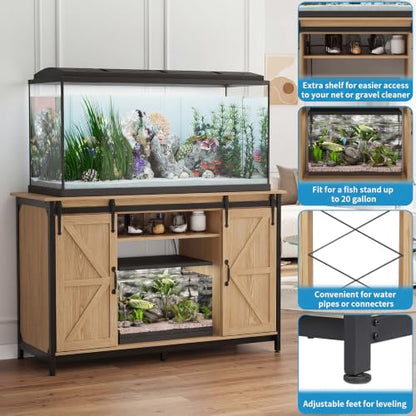 VOWNER Farmhouse 55-75 Gallon Fish Tank Stand with Power Outlet, Natural | Aquarium Stand with Storage Cabinet and Sliding Barn Door, Heavy Duty Reptile Tank Stand, for 2 Tanks, 1000LBS Capacity - color: Natural