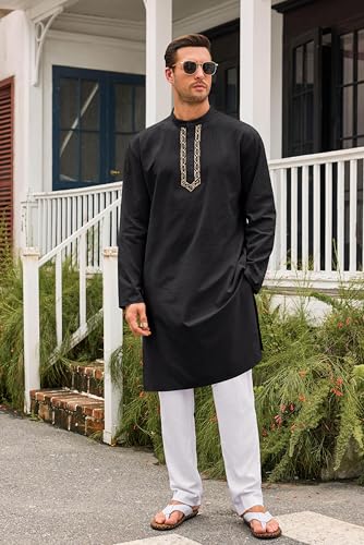 Runcati Mens Kaftan Thobe Button Down Casual Henley Shirts Long Sleeve Robe Cotton Linen Muslim Gown Shirt - color: Black, size: XX-Large