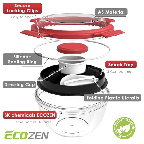 WHALEHOUSE Clear Eco-friendly SK chemicals ECOZEN Salad Container, 33OZ Portable Plastic Salad Bowls with Lid & Snack Tray, Leak-Proof Dressing Container, Reusable Fork, Lunch Box for Meal Prep (Red) - color: Red