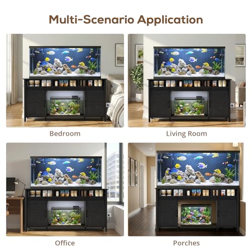 VOWNER 75-120 Gallon Fish Tank Stand with Power Outlet, Farmhouse Aquarium Stand with Storage Cabinet & Sliding Barn Doors, Heavy Duty Reptile Tank Stand, for 2 Tanks, 1000LBS Capacity, Black - color: Black