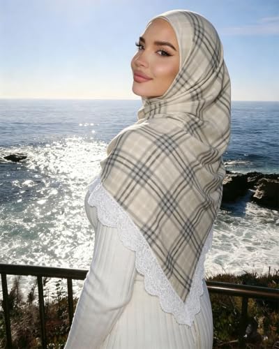 JUMISEE Elegant Floral Lace Hijab Scarf for Women Soft Cotton Head Wrap Instant Hijab Long Scarves Evening Dress Shawl - color: Beige Plaid Pattern