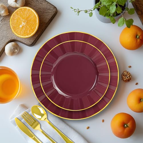 150Pcs Plastic Plates with Gold Rim, Heavy Duty Burgundy Plates for 30 Guests, Plastic Dinnerware Set Include 30 Dinner Plate, 30 Dessert Plate, 90 Gold Cutlery Set for Party (Burgundy) - color: Burgundy