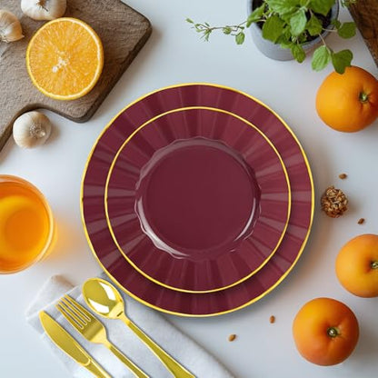 150Pcs Plastic Plates with Gold Rim, Heavy Duty Burgundy Plates for 30 Guests, Plastic Dinnerware Set Include 30 Dinner Plate, 30 Dessert Plate, 90 Gold Cutlery Set for Party (Burgundy) - color: Burgundy