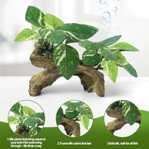 CousDUoBe 9 Pcs Fish Tank Decor，Silk Aquarium Plants Green Silk Leaf pad Hammock Artifical Driftwood cave Betta Fish Tank Accessories 6 x 3 x 4 inches(LxWxH) - size: 9 Pcs Silk Aquarium Plants（Style B）