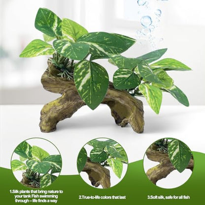 CousDUoBe 9 Pcs Fish Tank Decor，Silk Aquarium Plants Green Silk Leaf pad Hammock Artifical Driftwood cave Betta Fish Tank Accessories 6 x 3 x 4 inches(LxWxH) - size: 9 Pcs Silk Aquarium Plants（Style B）