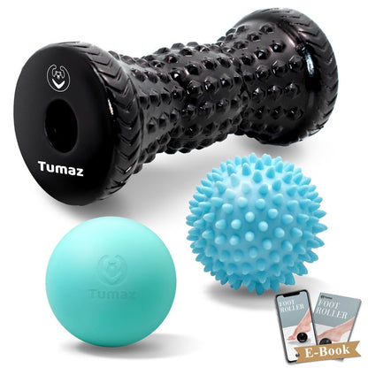 Tumaz Foot Roller & Massage Ball 3-in-1 Set | Foot Roller, Spiky & Lacrosse Balls | Ergonomic Design | Deep Tissue Massage | Foot Relaxation & Recovery - color: Diamond(black) 3-piece Set