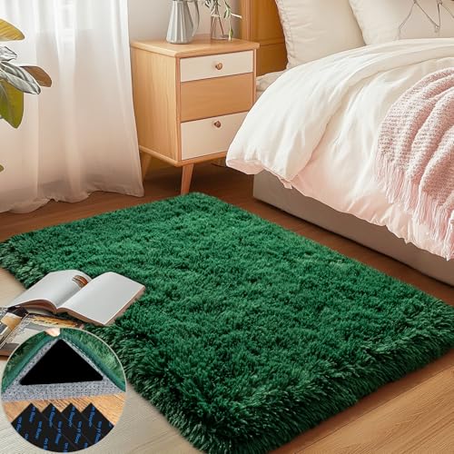 2x3 Dark Green Fluffy Shaggy Area Rug, Soft Small Carpet for Living Room - color: Dark Green, size: 2' x 3' (Rectangular)