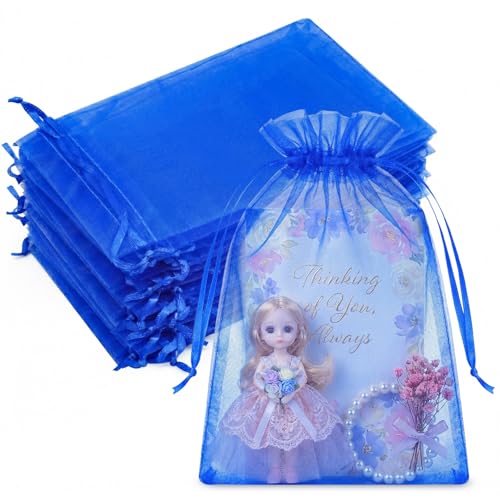 Crweety 50PCS Organza Bags 6x9 Blue Large Mesh Gift Bags Drawstring for Jewelry Sachet Candy Treats, Sheer Pouches Mini Baggies for Birthday Baby & Bridal Shower Wedding Halloween Party Favors - color: Royal Blue