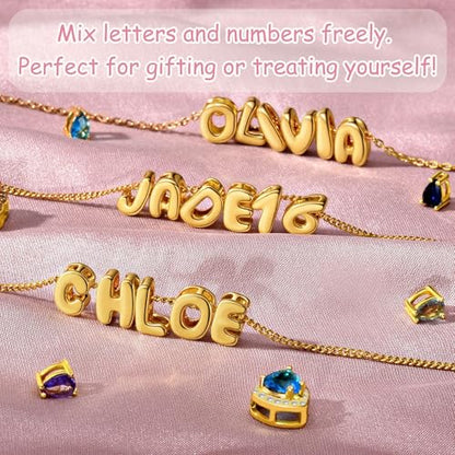 Ldurian Personalized Bubble Name Necklace, Tiny Name Plate Pendant Necklace, 14K Gold Plated Charm Cute Pre-made Jewelry for Women - size: 15 Alex