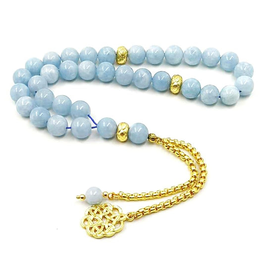 ALBASHAN Natural Aquamarine stone Tasbih Bracelet Man misbaha Special islamic Gift for muslim 33 45 66 99 prayer beads Gold accessories tassel rosary bead - size: 8mm x 33beads