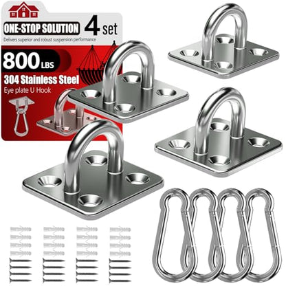sprookber 304 Stainless Steel Pad Eye Snap Hooks, M6 Heavy Duty Ceiling Hooks, 800 lb Capacity Hammock Swing Hanging kit, Plant Hangers, Marine Hardware Staple Hook Loop with Screws, Set of 8 - size: 2.3 inch, style: Square