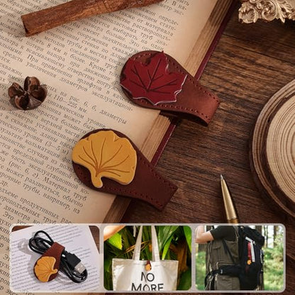 2PCS Vintage Magnetic Leather Bookmark, Leather Magnetic Bookmarks for Women, Magnetic PU Bookmarks Clip Book Accessories, Ginkgo & Maple Leaf - style: Ginkgo & Maple Leaf
