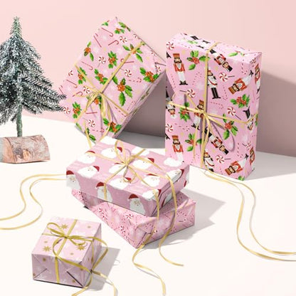 RUSPEPA Pink Christmas Wrapping Paper Sheets, Pink Santa, Nutcracker, Candy Cane, Holly & Snowflakes Design, Holiday Gift Wrap for Girls, Kids, Xmas Gifts, Crafts, 6 Folded Sheets, 19.68 X 27.5 Inch - color: Pink Xmas Design
