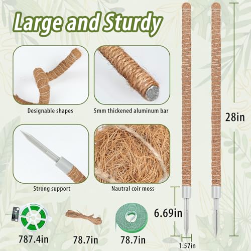 2 Pack Moss Pole, 28 Inch Monstera Plant Support, Moss Poles for Climbing Indoor Plants, Bendable Coco Coir Plant Support Stakes for Potted Plants, Pothos, Philodendron - size: 28 Inch - 2 Packs