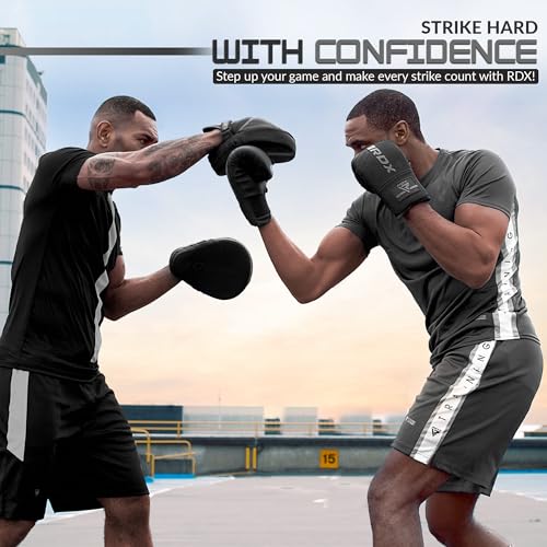 RDX Bag Gloves Boxing Punching Mitts, Maya Hide Leather, Padding, Ventilated Palm, MMA Heavy Punch Training, Muay Thai Kickboxing Focus Pads Double End Speed Ball Workout, Adult Men Women - color: Black