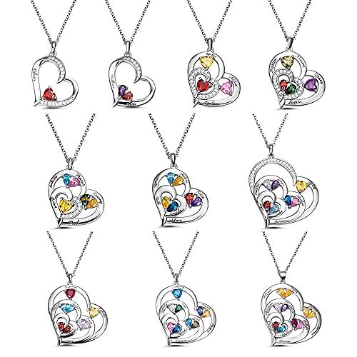 AILIN Mother Necklace Personalized Engraved Heart Necklace For Women 925 Sterling Silver/Brass Custom 1-10 Birthstones and Names Grandma Pendant Necklace Birthday Jewelry Gifts For Mom Wife