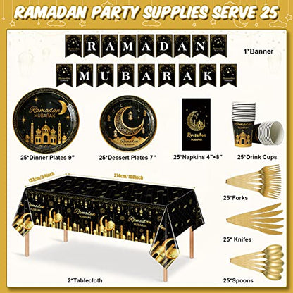 Ramadan Party Supplies Decorations for Home, Eid Ramadan Mubarak Banner Black and Gold Plates and Napkins Set, Disposable Paper Plates Napkins Banner Tablecloth for Ramadan Party Decorations, Serve 25