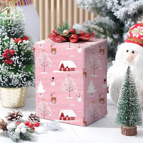 Cuitpan Pink Christmas Wrapping Paper - Xmas Gift Wrap with Snowy Houses, Reindeer, Snowmen & Trees Design - Perfect for Kids & Adults Gift Wrapping - 40×28 Inches, 4 Folded Sheets - color: Christmas-House