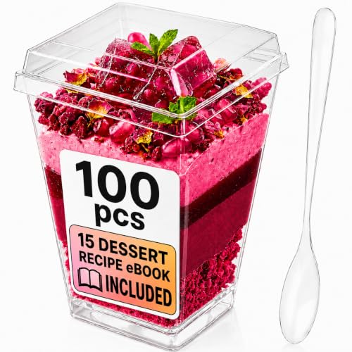 100 Pack 5oz Mini Dessert Cups with Lids and Spoons Parfait Shooter | 300 pcs: 100 cups, 100 lids, 100 spoons. Mini cheesecake, tiramisu, appetizer cups. Vasos para postres con tapa. Free eBook. - style: 100 Cups + 100 Spoons + 100 Lids