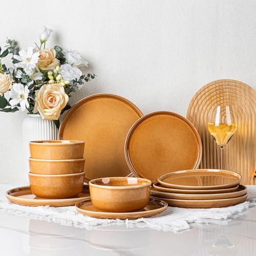 GBHOME Dinnerware Sets for 4, 12 Pieces Ceramic Plates and Bowls Set - color: Amber, size: Service for 4(12Pcs)