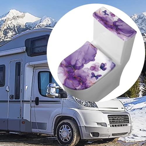 Purple Marble Butterfly Toilet Lid Dust Cover & Toilet Tank Lid Cover 2PC Elastic Edge Machine Washable Fits Most Toilet Lids Home Decor - color: Purple Marble Butterfly