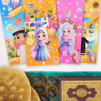 Eid Mubarak Cellophane Treat, Lovely Muslim Ramadan Decorations Cartoon Print Goodie Bags Candy Cellophane Goody Favor Gift Bags for Kids Boys Girls, Muslim Islamic Eid Iftar Diwali Party Supplies