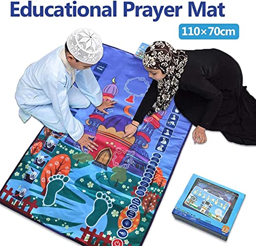 Kids Muslim Prayer Rug - Electronic Islamic Prayer Carpet Mat, Teaching Talking Music Mat with Worship Step Guide for Toddlers (Classic Blue)