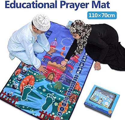 Kids Muslim Prayer Rug - Electronic Islamic Prayer Carpet Mat, Teaching Talking Music Mat with Worship Step Guide for Toddlers (Classic Blue)
