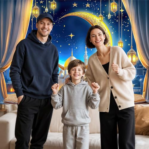 JAWO 7X5ft Ramadan Eid Mubarak Backdrop Banner, Ramadan Mubarak Photography Backdrop Night Lantern Moon Star Castle Islamic Muslim Eid Party Decoration Supplies Banner Photo Booth Prop