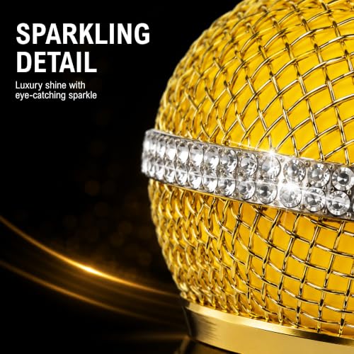 Bling Gold Mic Cover with Crystal Band for SM58/Beta58, 4-Pack | Mic Head Covers Use Sparkle 24K-Plated Metal Mesh with Silver Rhinestone Band and Inner Foam Filter to Shine the Vocal Kit