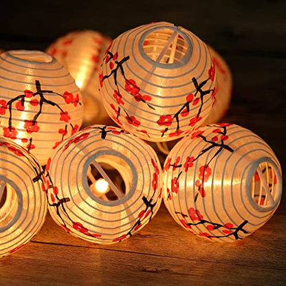 HOSY 10-Pack Plum Blossom 3-in Lanterns, 11 ft White Wire UL String Lights | Self-assembly Required, Nylon Fabric, 3-in Diameter, 12-in Spacing, End-to-end Connectable, UL Certified - color: Plum Blossom