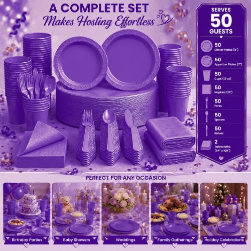 Tinybee 352 Pcs Purple Plastic Plates, Disposable Dinnerware Set for 50 - color: Purple