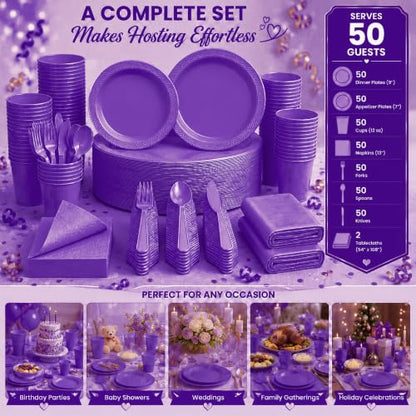 Tinybee 352 Pcs Purple Plastic Plates, Disposable Dinnerware Set for 50 - color: Purple