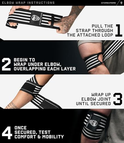 Gymreapers Weightlifting Elbow Wraps (1 Pair) - Flexible 40'' Elbow Compression Strap & Joint Support Brace - for Bench Press, Powerlifting, and Pressing - color: White