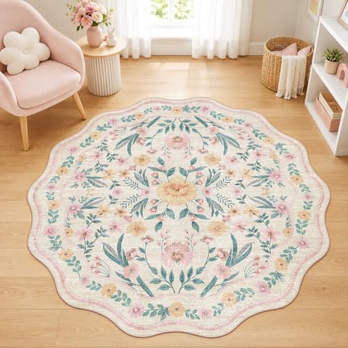 Round Floral Rug 6ft, Washable Non Slip Rug Fof Living Room,Pink - color: Pink Scalloped, size: 6 ft Round