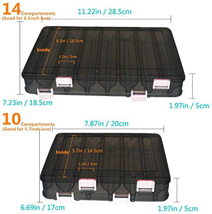 Double-Sided Fishing Lure Hook Tackle Box Visible Hard Plastic Clear Fishing Lure Bait Squid Jig Minnows Hooks Accessory Storage Case Container (Brown 14 Slots) - color: Brown-14 Slots