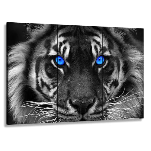 Black and White Tiger Wall Art Tiger Blue Eyed Close-up Picture Printed on Canvas Wall Decor Paintings Tigers Decor Posters Artwork Framed 3 Piece Ready to Hang(48''Wx32''H) - color: Artwork-01, size: 48"L x 32"W