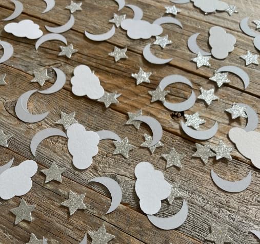 100PCS Twinkle Little Star Moon Cloud Paper Confetti - Double Side Table Paper Confetti Sequin for Over The Moon Theme Wedding Birthday Baby Shower Moon and Star Party Ramadan Mubarak Decor