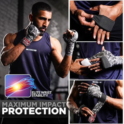 WYOX Boxing Hand Wraps & Gel Knuckle Guards Set for MMA, Muay Thai & Kickboxing - 2 Pair Hand Wraps + 1 Pair Knuckle Guards - Hand Wrist Protection for Men & Women Training - color: Grey/Black