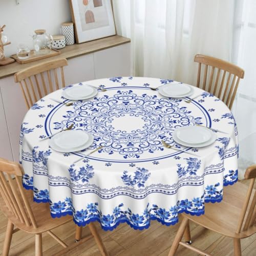 Blue Floral Tablecloth Round, Boho Vintage Elegant Ceramic Tiles Country Rustic Bohemia Water Resisitant Wipeable Table Cover for Dining Kitchen Living Room Home Party Holiday Decor 36 inch Round - color: Tc-blue Floral01, size: 36" (Round)
