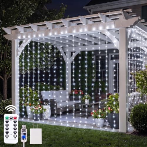 Brightown Curtain String Lights, Hanging Fairy Lights with Remote, 8 Modes, Waterproof Window Lights for Bedroom Backdrop Wedding Outdoor Christmas Party, White, 300LEDs - color: White, size: 300LEDs