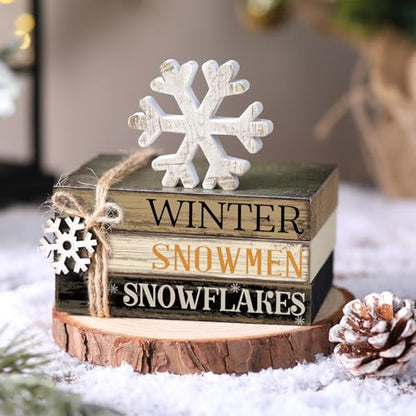 4 Pcs Winter Table Decorations Snowmmen Tiered Tray Decorations Christmas Mini Snowflake Wooden Books Signs for Office Shelf Classroom Tabletop Bookshelf - style: Winter