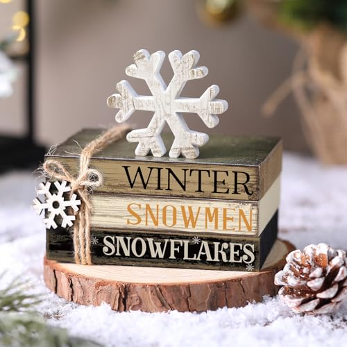 4 Pcs Winter Table Decorations Snowmmen Tiered Tray Decorations Christmas Mini Snowflake Wooden Books Signs for Office Shelf Classroom Tabletop Bookshelf - style: Winter
