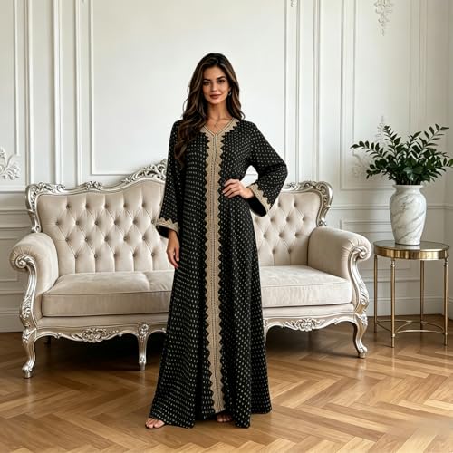 Women Muslim Abaya Dress V Neck Embroidered Kaftan Long Sleeve Loose Islamic Maxi Prayer Robe for Ramadan Eid - color: Black, size: Small