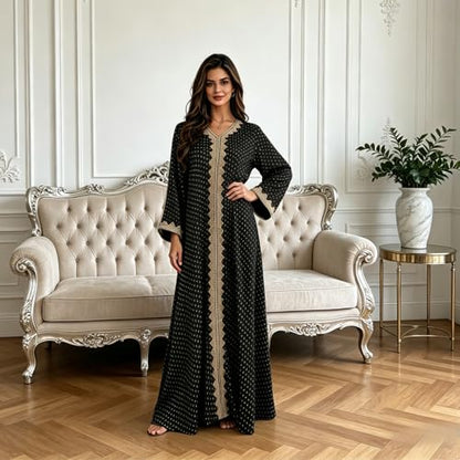 Women Muslim Abaya Dress V Neck Embroidered Kaftan Long Sleeve Loose Islamic Maxi Prayer Robe for Ramadan Eid - color: Black, size: Large