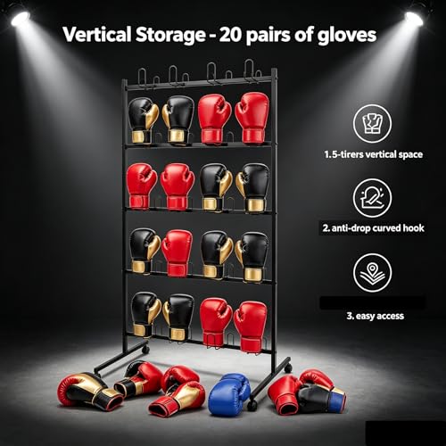 20 Pairs Boxing Gloves Drying Rack, 28.74x23.62x72.05in Freestanding Boxing Glove Storage Stand with 4 Wheels, Metal Boxing Gloves Storage Display Rack with Hooks, Pre-drilled Holes - color: Black